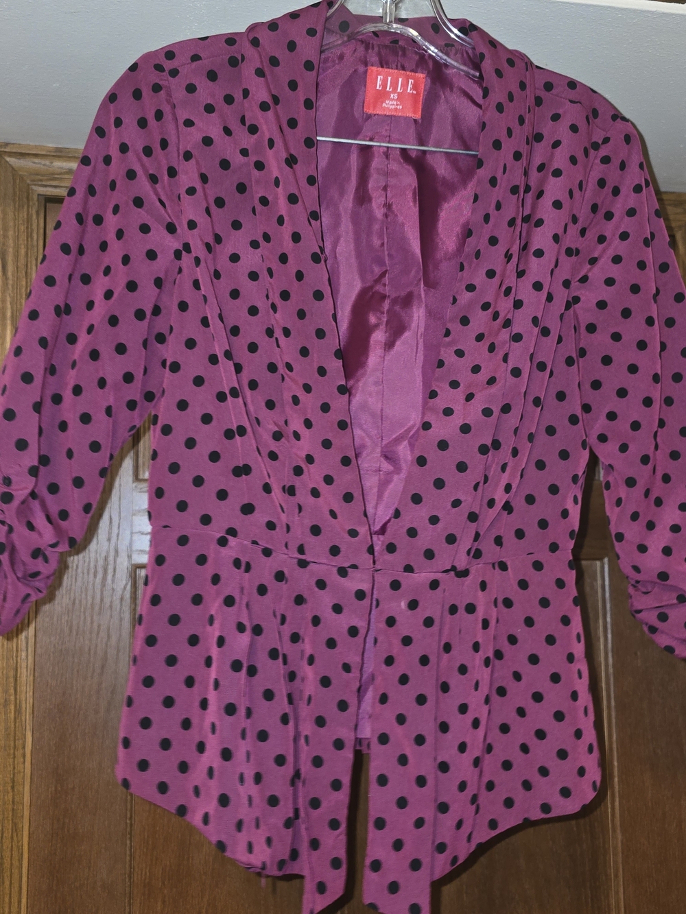 ELLE Women's XS Burgundy Black Polka Dot Blazer Ruched Sleeve Career Jacket